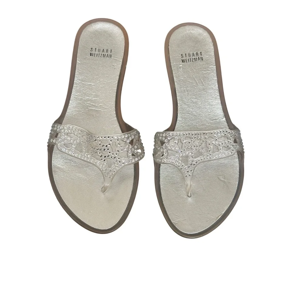 Stuart Weitzman Jelly Sandals Womens 10 Silver‎ Crystal Embellished Thong Flats